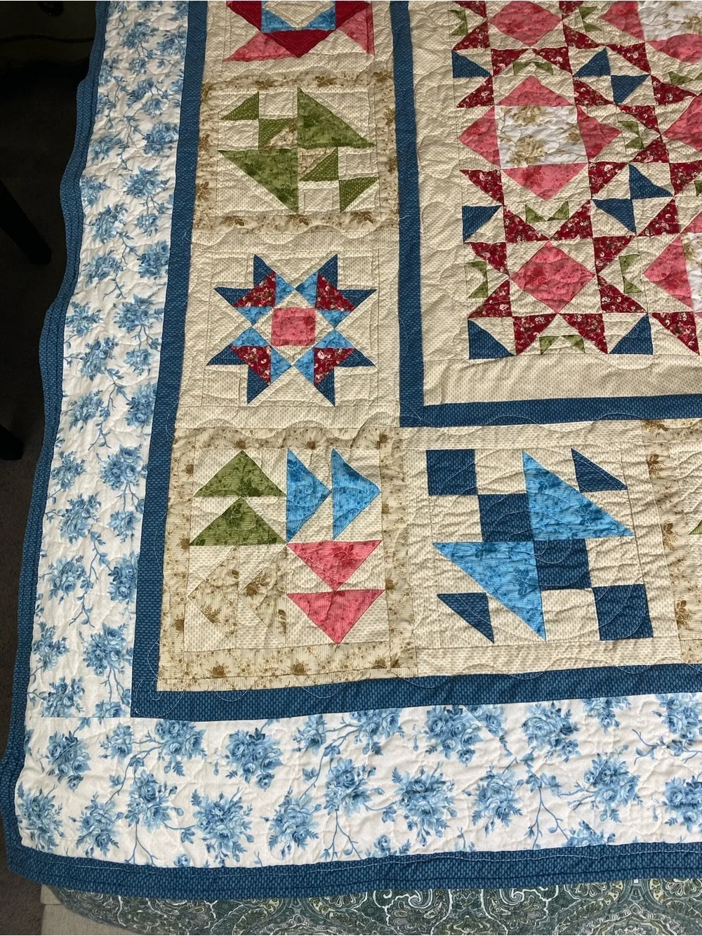 Handmade Patchwork Quilt Bedspread in Cream, Red, Blue & Green by